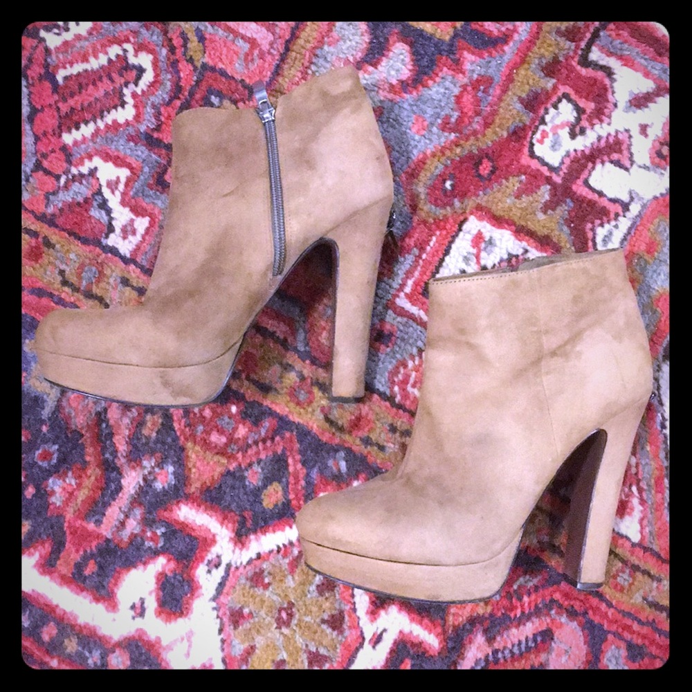 BCBG Tan Suede Ankle Booties